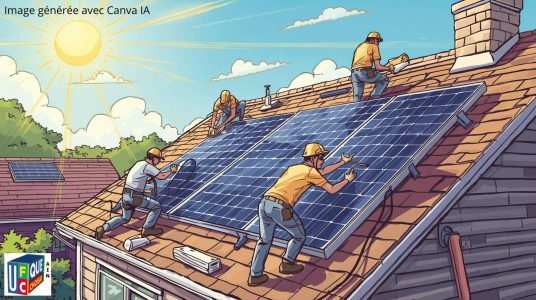 ouvriers installant panneaux photovoltaîques sur toit